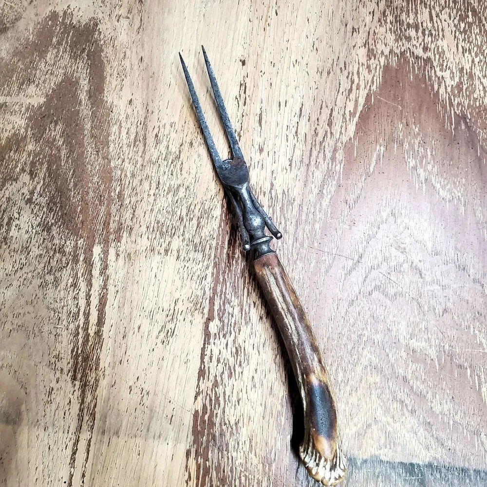 Antique Stag Antler Handle Meat Carving Serving Fork with Built-in Stand